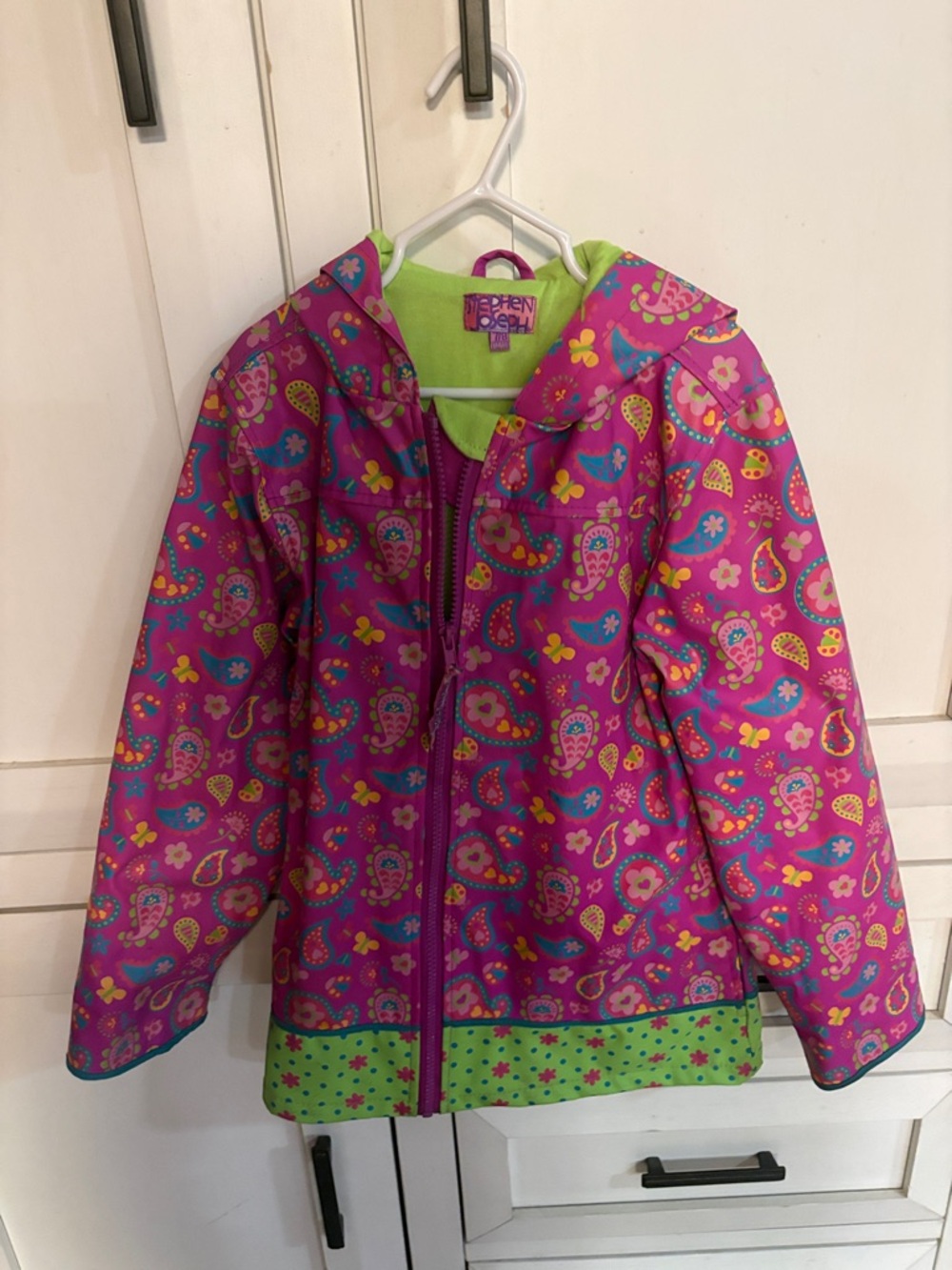 Children's Pink Paisley Hooded Raincoat with Green Trim